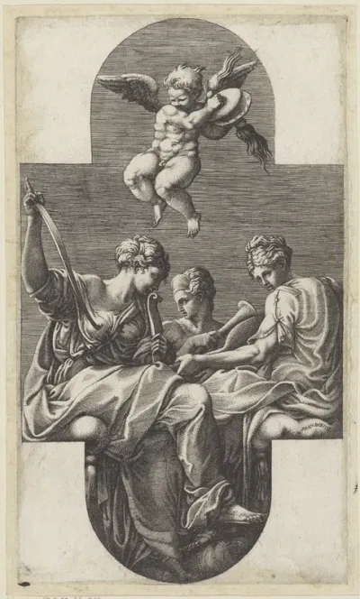 Drie muzen en een putto met cimbalen