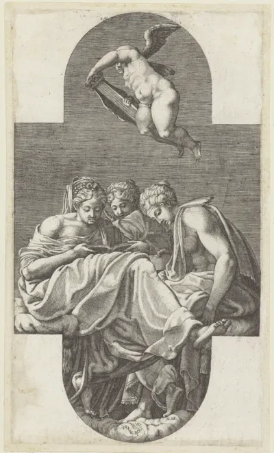 Drie Muzen en een putto met een lier