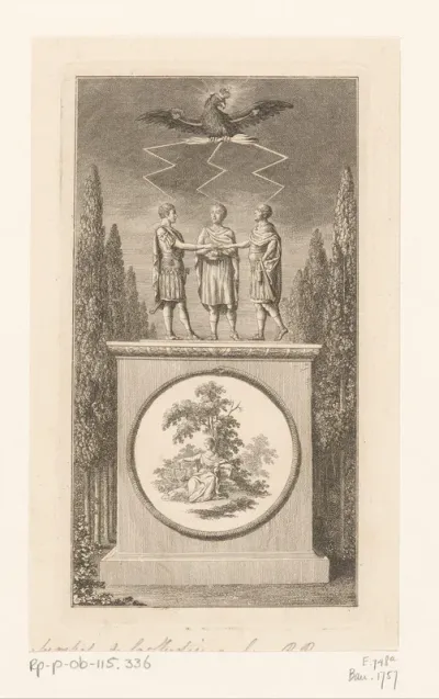 Drie ondertekenaars van de conventie van Kloster Zeven, afgebeeld als Romeinse krijgsheren met boven hen de Pruisische adelaar