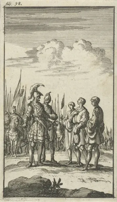 Drie ongewapende mannen in gesprek met twee legerbevelhebbers, op de achtergrond soldaten te paard