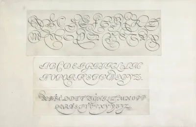 Drie ontwerpen van schrijfvoorbeelden: het alfabet in kapitalen