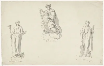 Drie ontwerpen voor orgelfiguren: Zangkunst, David en Muziek