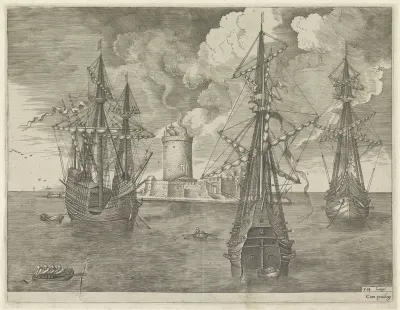 Drie oorlogsschepen voor anker bij een vuurtoren