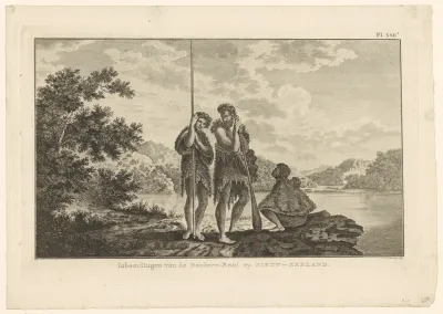 Drie oorspronkelijke bewoners van Nieuw-Zeeland aan de oever