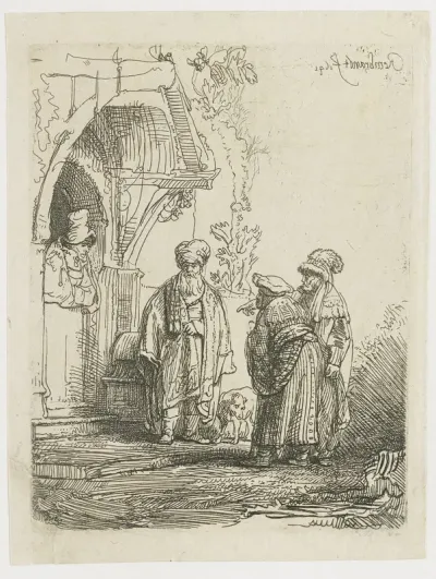 Drie oosterse figuren (Jacob en Laban?)