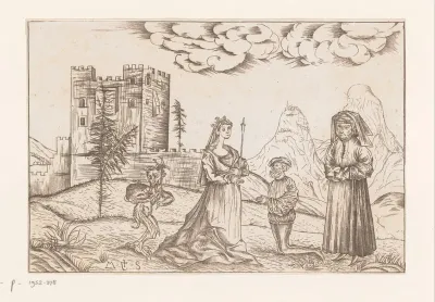 Drie personen en een duivel in een landschap voor een kasteel