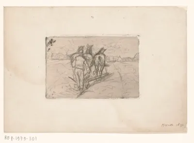 Drie ploegende paarden en een boer in Heerde
