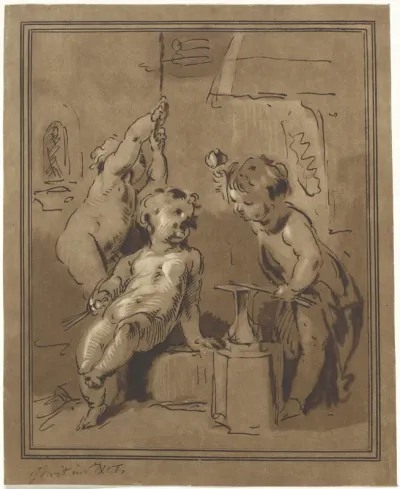 Drie putti bij een aambeeld