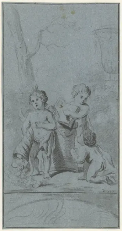 Drie putti bij een boom