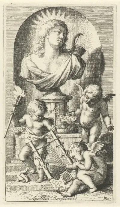Drie putti bij een borstbeeld van Apollo