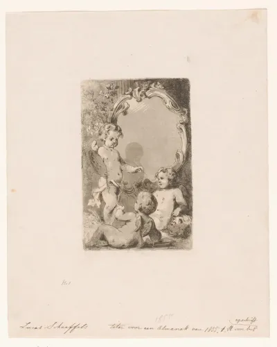 Drie putti bij een ornamenteel cartouche