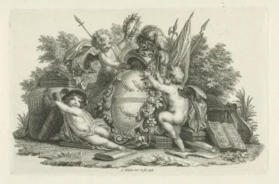 Drie putti bij gehelmd wapenschild