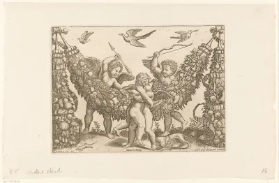 Drie putti en een kind bij een guirlande