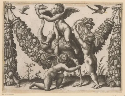 Drie putti en een struisvogel