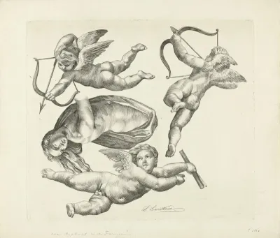 Drie putti en een vrouwenfiguur