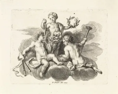 Drie putti met attributen van de muzen
