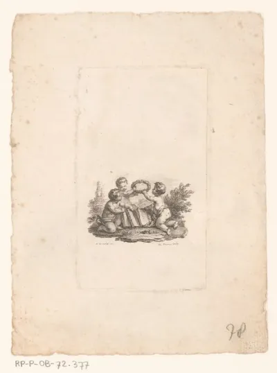 Drie putti met boeken en een lauwerkrans