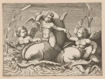 Drie putti met dolfijnen