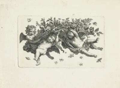 Drie putti met een bloemenmand en vlinders