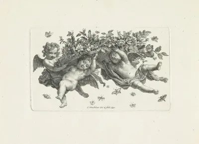 Drie putti met een bloemenmand en vlinders
