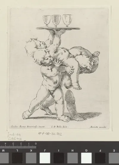 Drie putti met een dienblad met drie bokalen