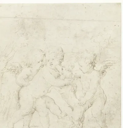 Drie putti met een hond