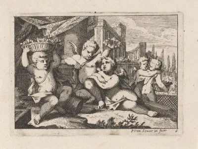 Drie putti met een mand met bloemen