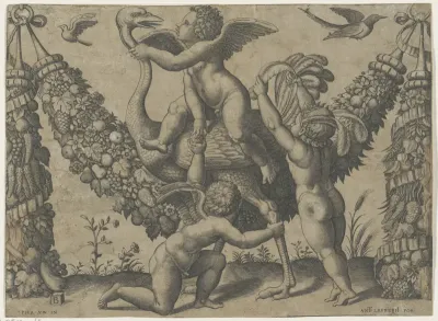 Drie putti met een struisvogel