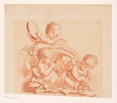 Drie putti met muziekinstrumenten en fruit