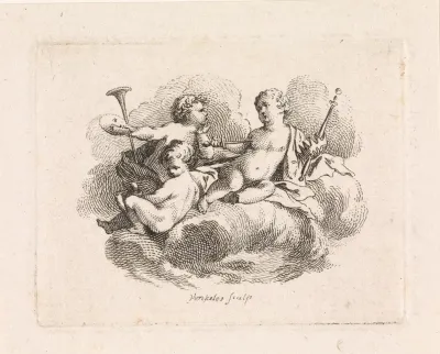 Drie putti met theaterattributen in de wolken