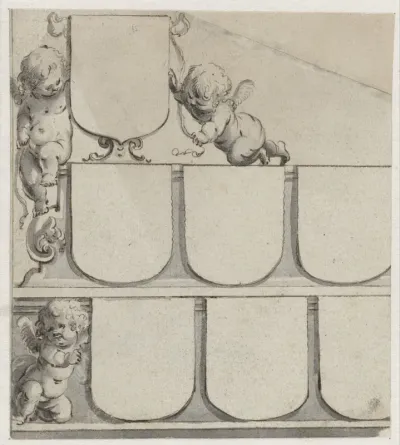Drie putti met zeven blanco wapenschilden