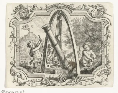 Drie putti richten zuil op met takel, in cartouche