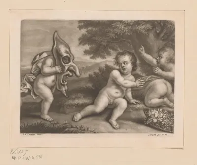 Drie putti schrikken van een putto met een grotesk masker
