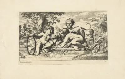 Drie putti spelen met een hond