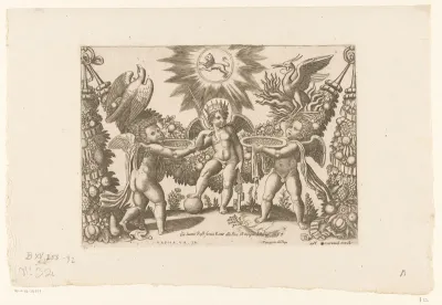 Drie putti voor een guirlande