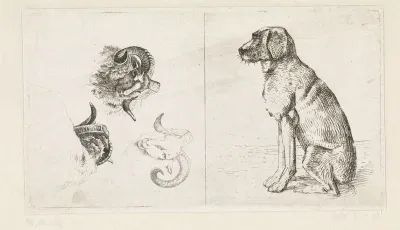 Drie ramskoppen / Zittende hond