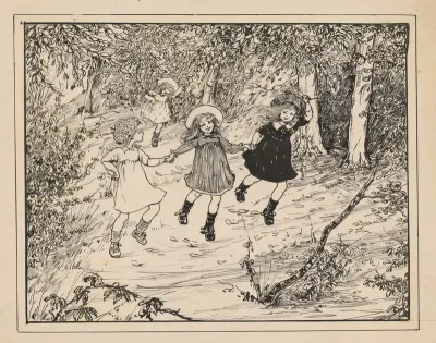 Drie rennende meisjes in een bos