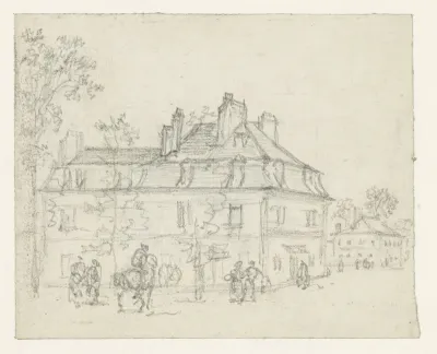 Drie ruiters bij een huis met hoog, gebroken dak