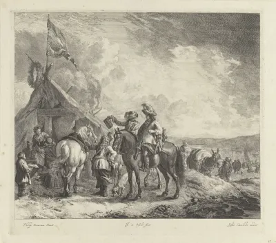 Drie ruiters bij een tent met vaandel en krans