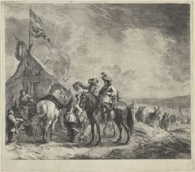 Drie ruiters bij een tent met vaandel en krans