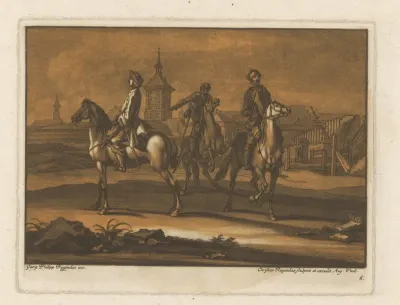Drie ruiters in een landschap met versterkte stad