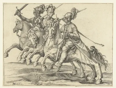 Drie ruiters met geheven zwaarden, naar rechts gekeerd
