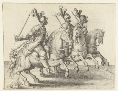 Drie ruiters met getrokken zwaarden, naar links gekeerd