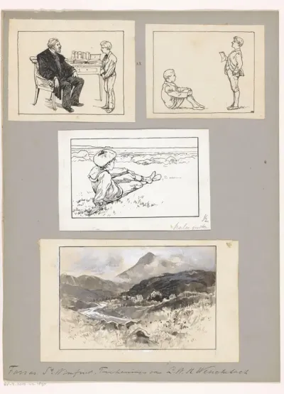 Drie scènes met jongens en een berglandschap