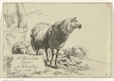 Drie schapen bij een steen