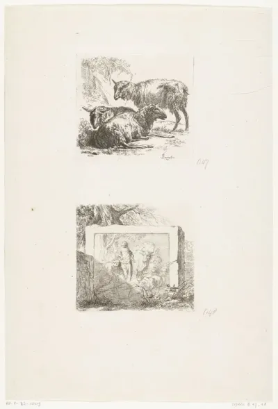 Drie schapen en een steenblok met bas-reliëf