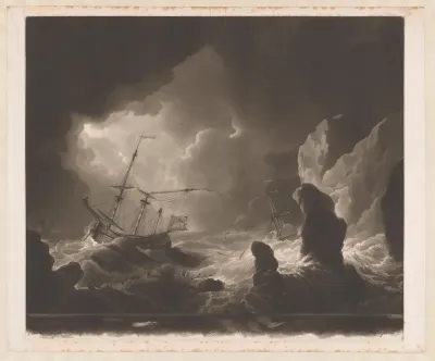 Drie schepen in een storm op zee nabij rotsen