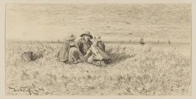 Drie Scheveningsche vrouwen in de duinen