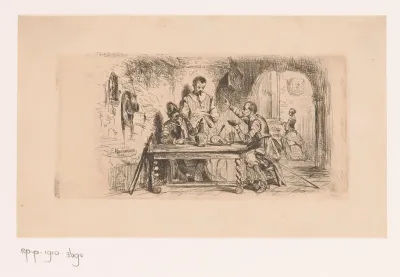 Drie soldaten aan een tafel op een binnenplaats, een van hen leest voor uit een boek