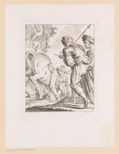 Drie soldaten en een paard op een pad